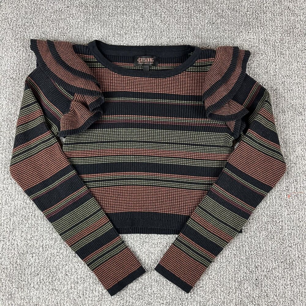Shyann Sweater Womens XL Black Striped Ruffle Cropped Western Knit Boho Top